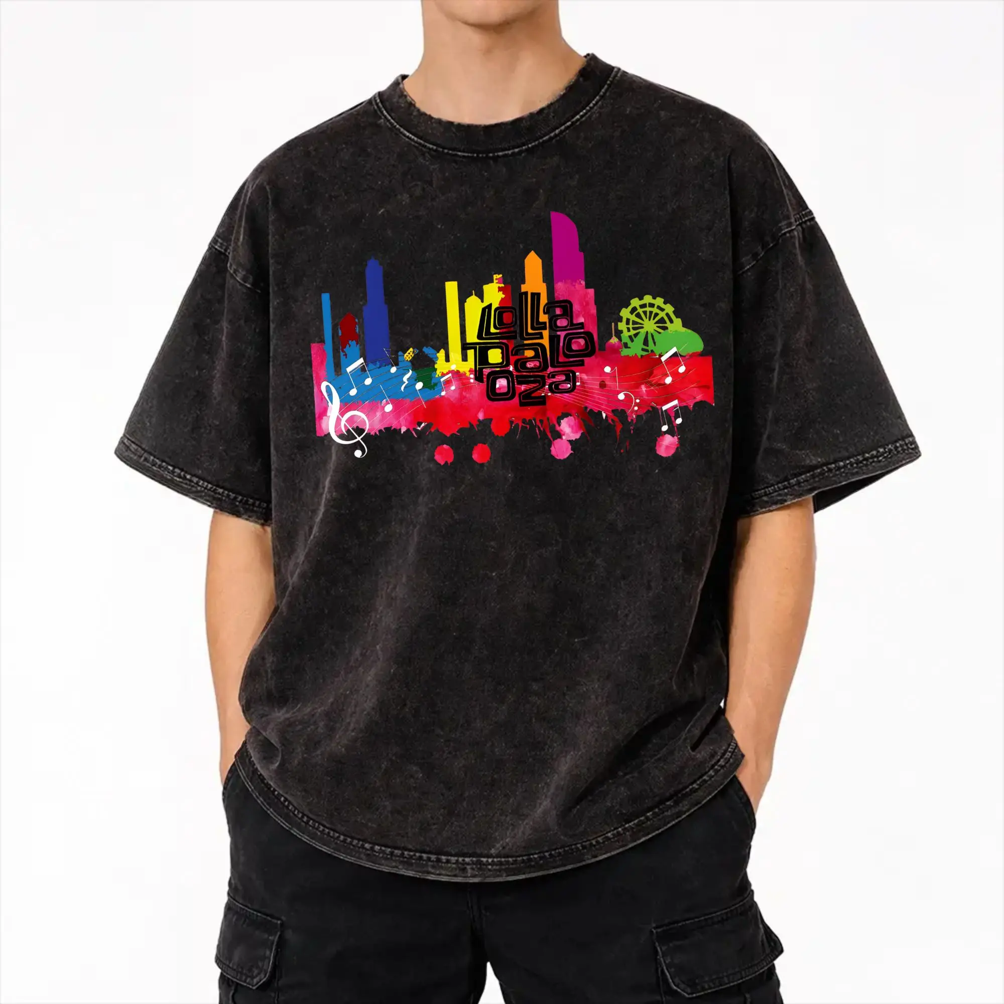 Chicago Music Festival Lollapalooza 2026 Washed T Shirt Streetwear Hip Hop Vintage T-Shirts  Tees Men Women Short Sleeve