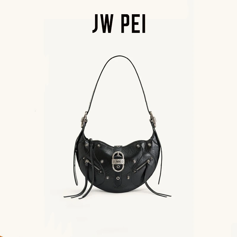 

JW PEI Oil Wax Leather Horn Bag for Women's Large Capacity Motorcycle Bag, Single Shoulder Crossbody Bag, Luxury Underarm