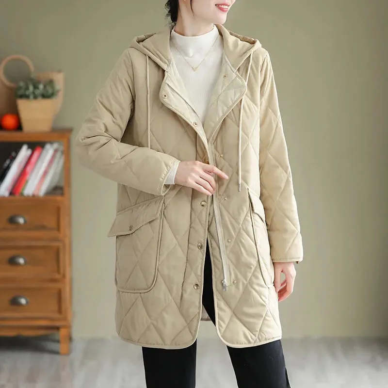 Women's Diamond Check Down Cotton Coat, Loose Casual Hooded Parka, Female Long Outerwear, Warm Padded Jacket, Autumn, Winter, Ne