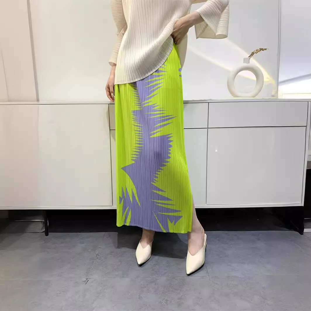 Miyake Plissierter Halbrock 2025, Sommer, neu, bedruckt, geteilt, bequem, lässig, lang, hohe Taille, schmaler Faltenrock