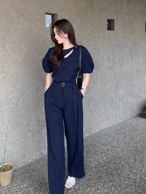 

Ele Summer Chic round Ne Hollow Button Design Loose Bubble Sve irt Women's Top Faionable Versatile Casual irt