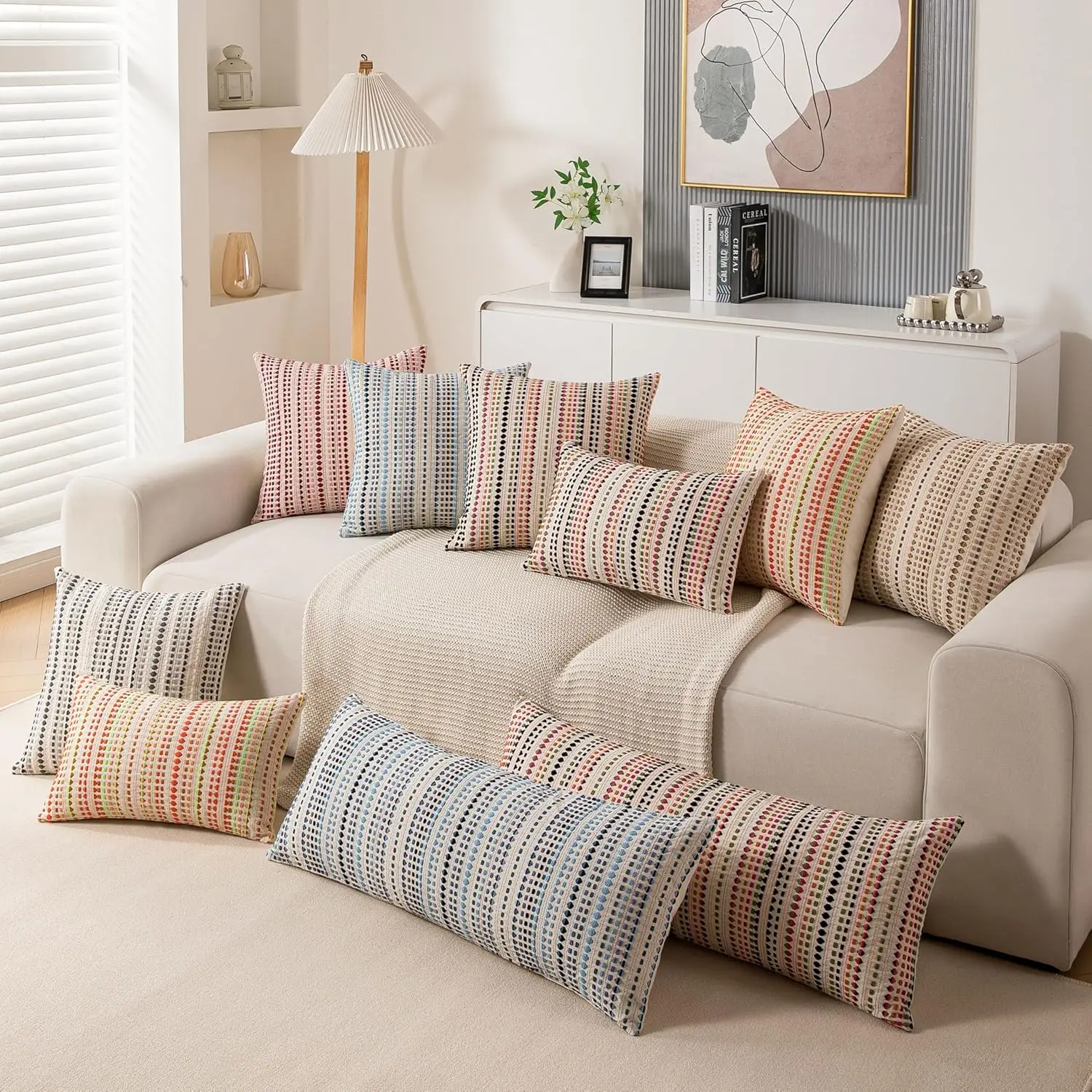 Throw Pillow Decorative Farmhouse Pillow Cover for Couch Bed Living Room,Soft Cotton Textured Cushion Cover Striped Pillowcases