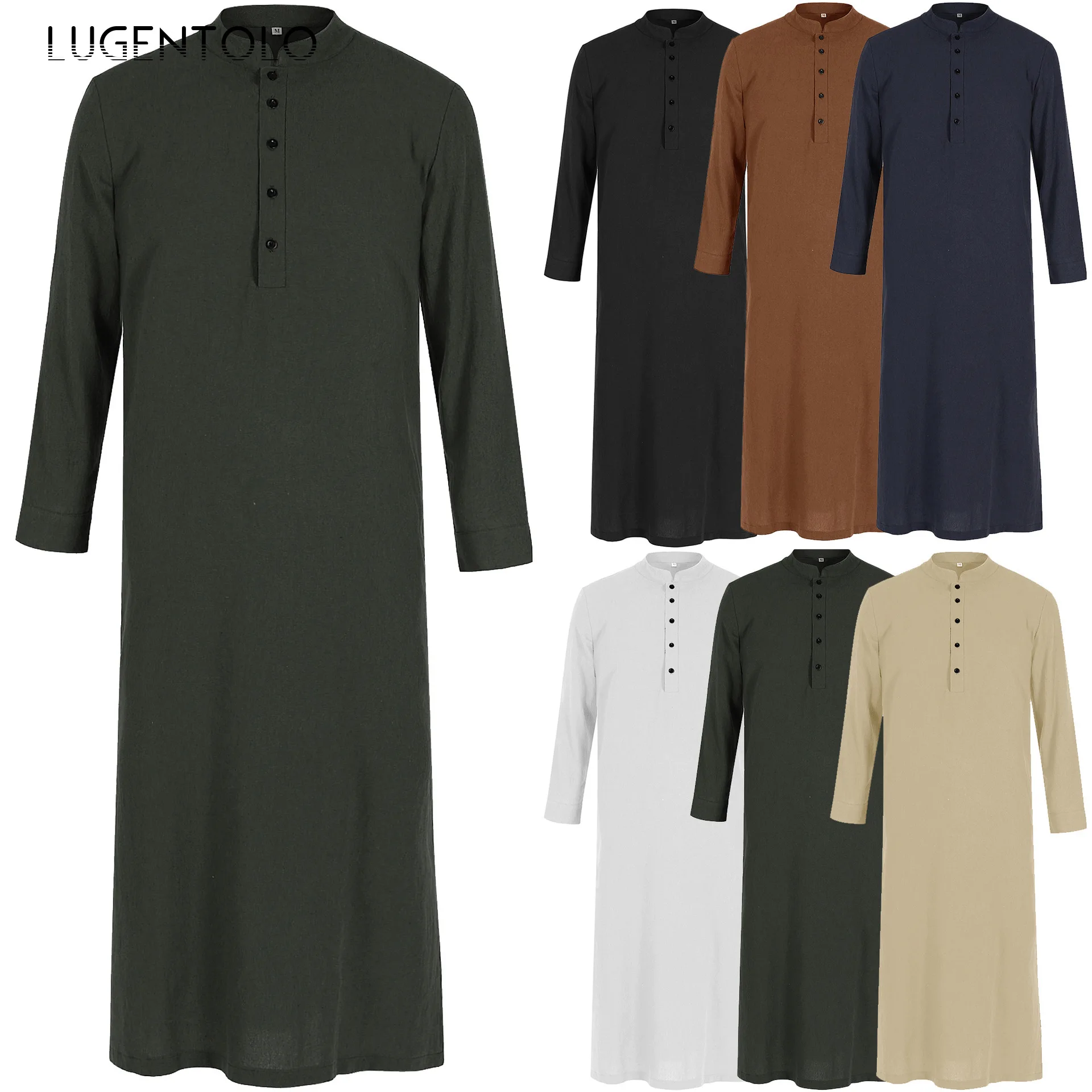 

Men Muslim Robes New Coats Long Sleeve Button Shirts Casual Thin Middle East Round Neck Loose Fit Simple Solid Jacket Trench