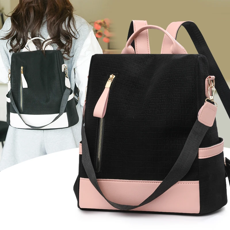 

Waterproof PU Cloth Stitching Women's Backpack Anti-theft Back Zipper Girls Schoolbag Casual Travel Single Shoulder Backpack