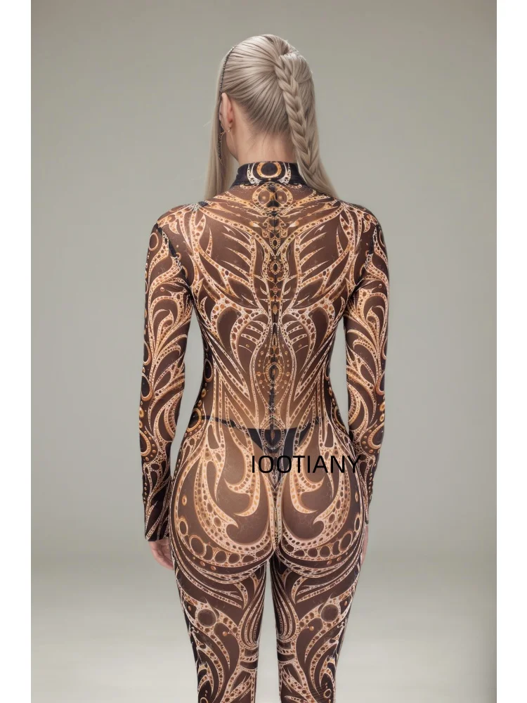 Gotischer, mehrfarbiger, eng anliegender Bodysuit mit goldenen Musterlinien, Galaxy-Blumenmuster, Cosplay-Catsuit, Halloween-Rollenspiel, Bühnen-Rave-Outfit, Jumpsuit 2026 – Detail 6