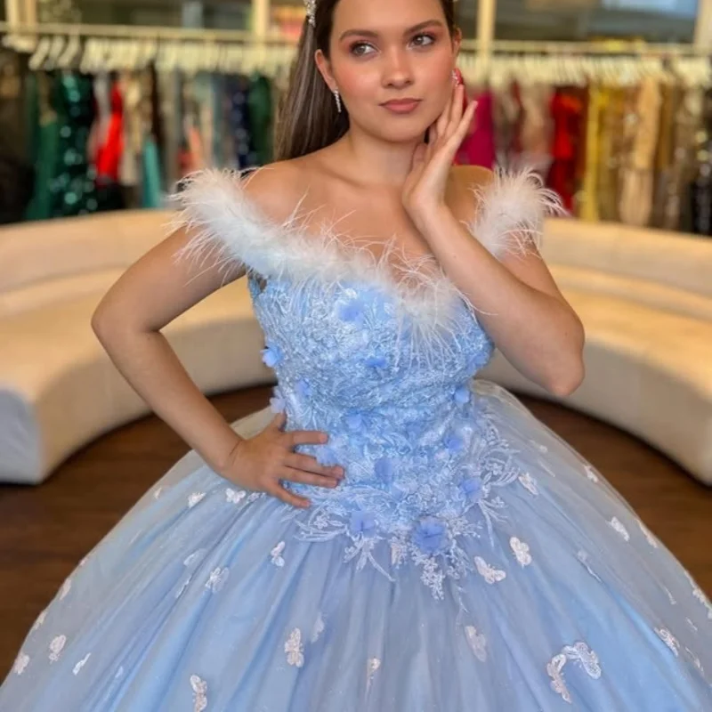 

Sky Blue Quinceanera Dress 3D flower Sequin feather butterfly Decal Long tail Vestidos De 15 Quinceanera ﻿Customize