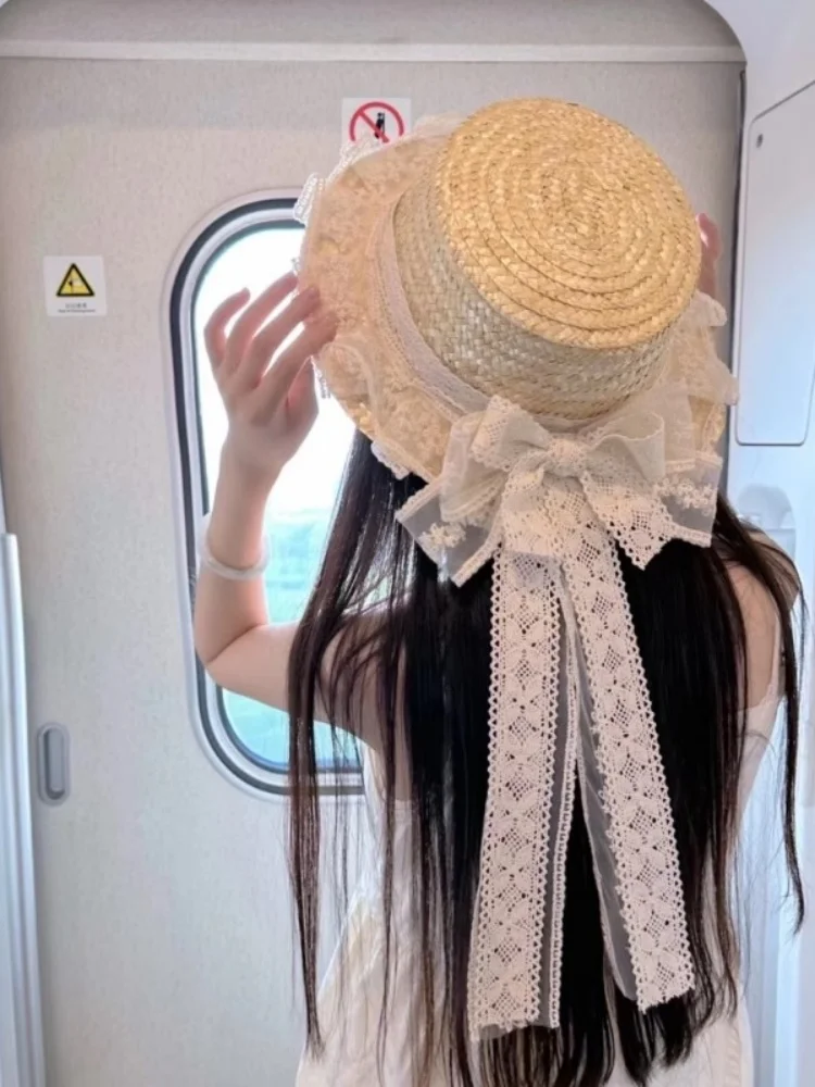 Sweet Girl  Knot Straw Hat Sunshade Photography Large Brim Hat Field Style Forest System Lolita Cap for Teenagers