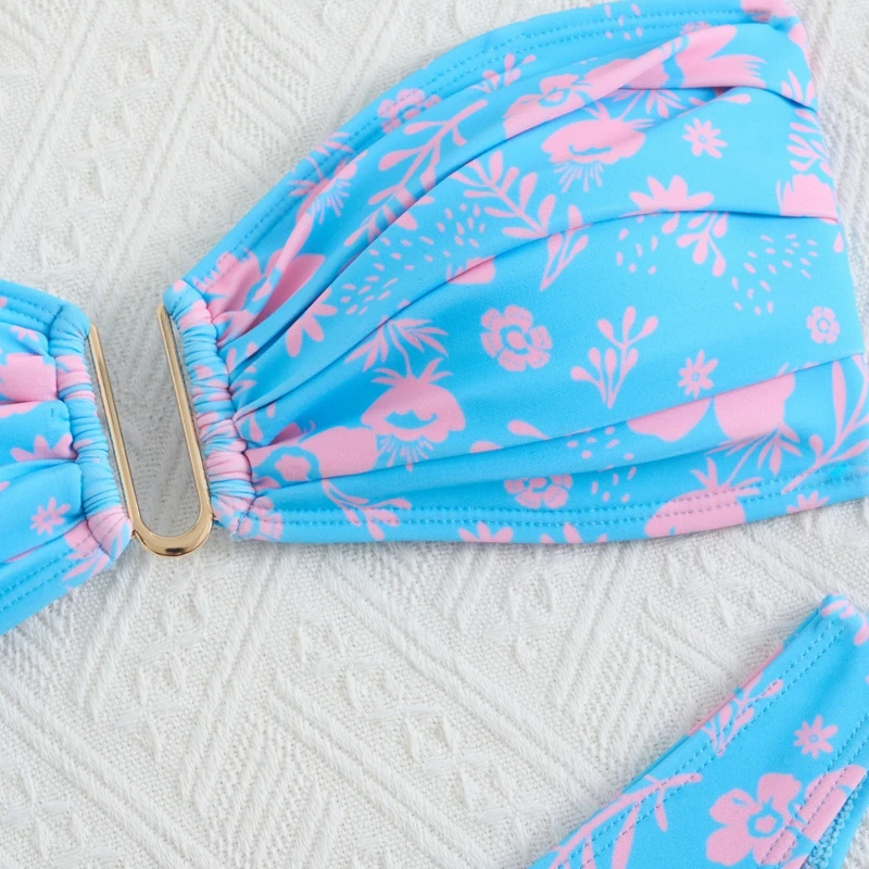 Blue Strapless Bikini Sexy Print Floral Comfortable Two-pieces Swimsuit