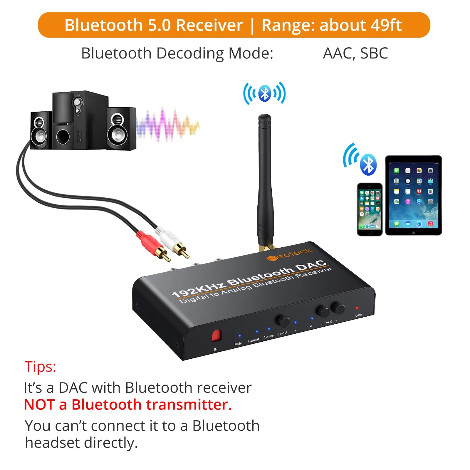 Neoteck DAC Converter Built-in Bluetooth Receiver 192kHz Digital Coaxial Toslink To Analog Stereo RCA 3.5mm Audio Support AptX