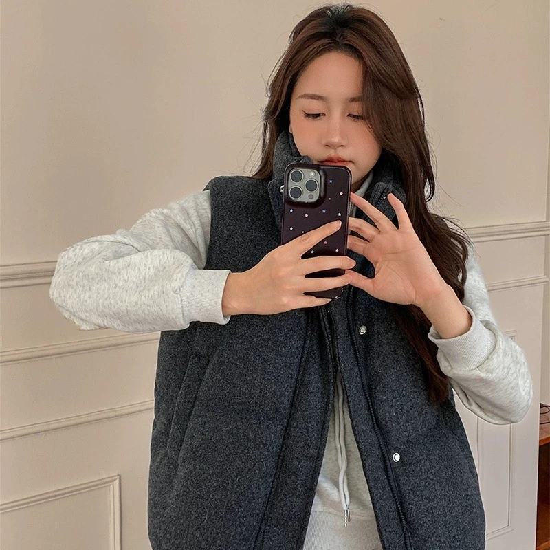 2025 New Gray Woolen Coat Thicken Down Cotton Vest Jacket Women'S Short Vest Coat Women Autumn Winter Waistcoat Vest Jacket