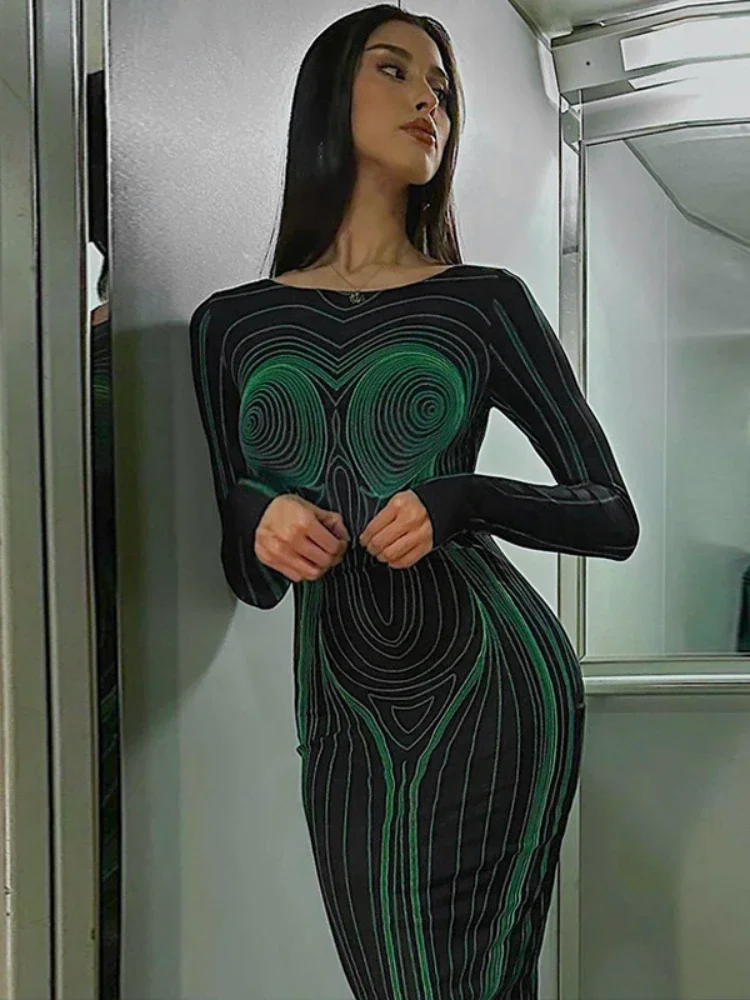 

Leosoxs Striped Print Long Sleeve See Through Sexy Bodycon Maxi Dress 2024 Autumn Winter Women y2k Evening Party Clothing