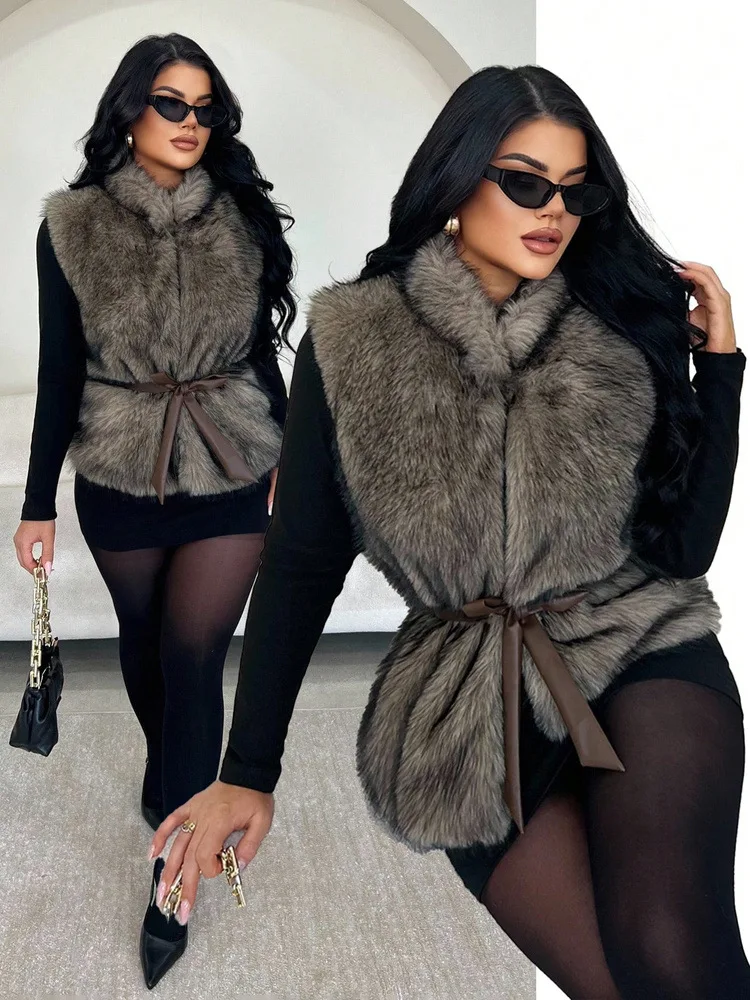 Women Faux Fur Vest Coats Jackets Stand Collar Vest Coat Thick Warm Y2k Streetwear Jacket Elegant Work Tight Waist Autumn Winter 3