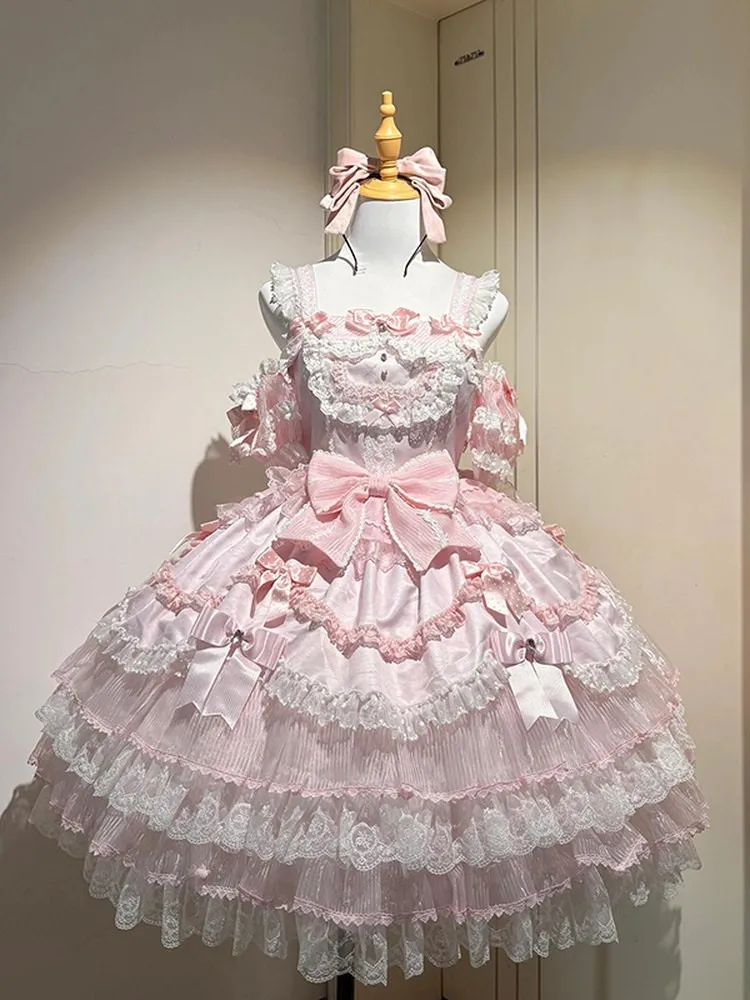 Ballet-style pink cinched waist birthday puffy chiffon dress