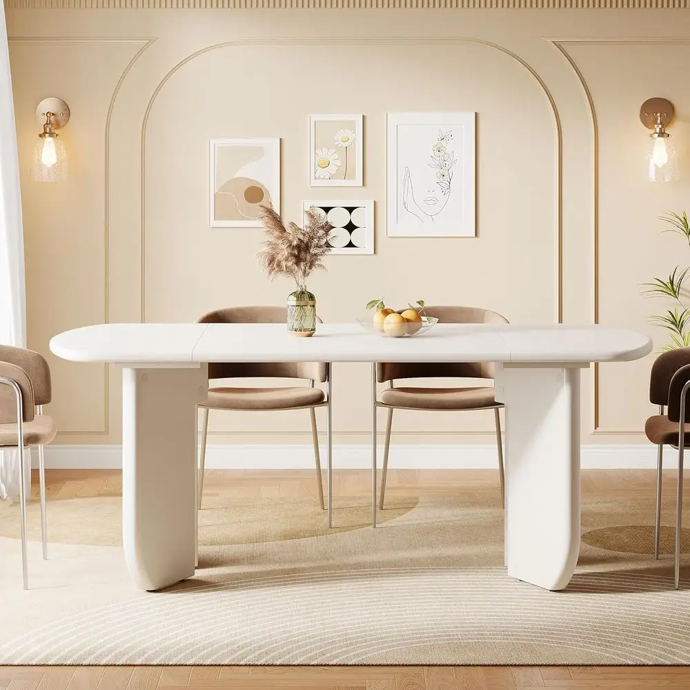 63 White Large Dining Table for 4-6, Rounded Edges, Suitable for Kitchen or Dining Area