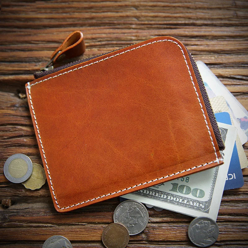 Genuine Leather Men Wallet Vintage Cowhide Handmade Male Mens Short Small Slim Zipper Wallets Purse Card Holder With Coin Pocket