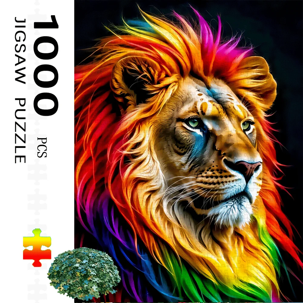 1000pcs Rainbow Mane Lion Jigsaw Puzzle for Adults - Challenging 7-Color Lion with Multicolor Mane & Black Background - Interm