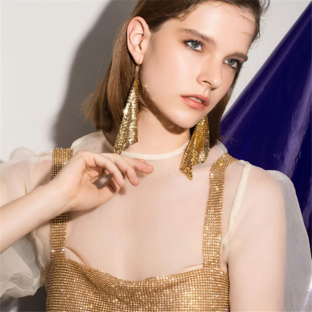Fashion Trendy Tassel Stud Earrings Metal Mesh Long Hanging Earrings Drop Dangle Grid Sequins Long Tassel Earrings Woman Girls