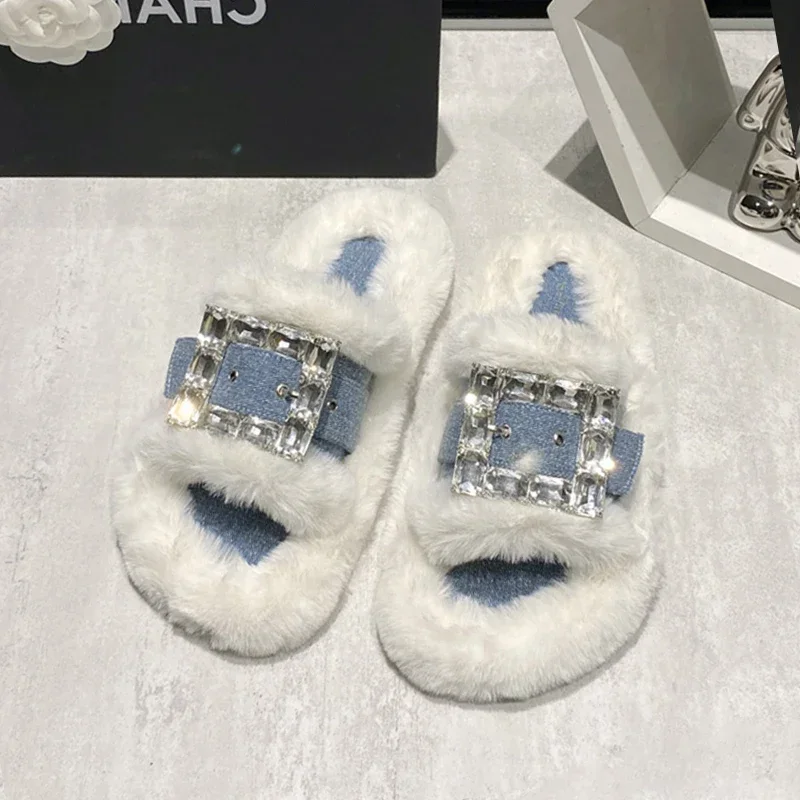 TRAF zapatillas planas de lana de tela vaquera azul, zapatillas cuadradas con hebilla de diamantes de imitación para mujer, zapatos de interior con punta abierta y cabeza redonda para mujer