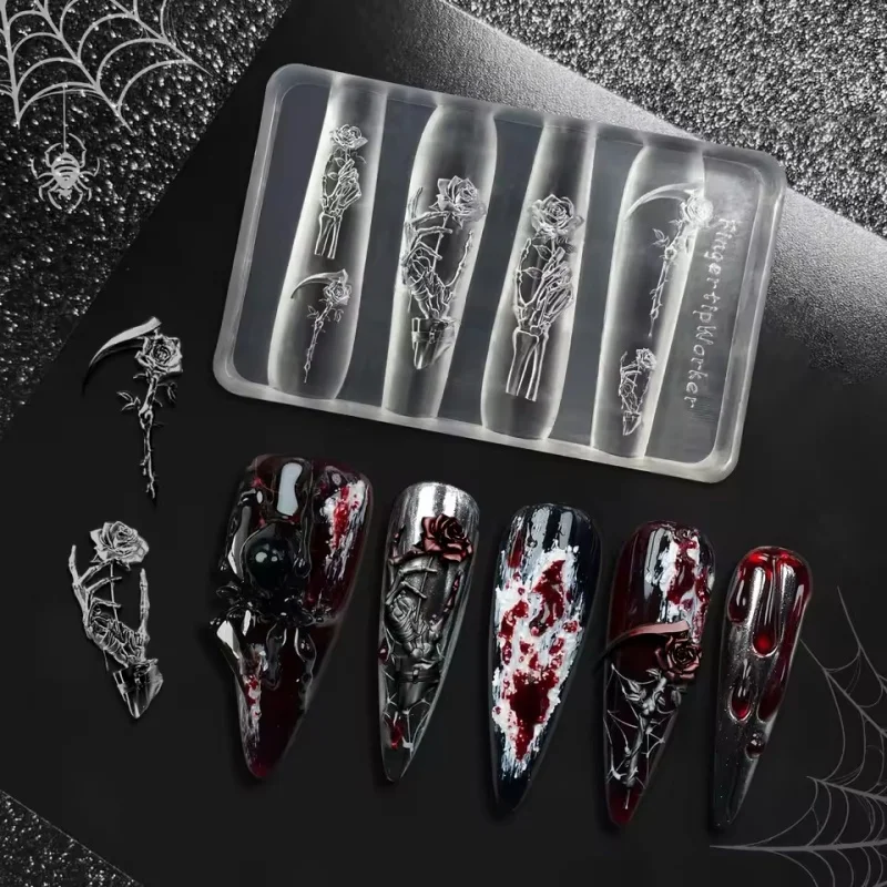 1pc Rose Skeleton Hand Scythe Rose 3D Acrylic Mold Nail Art Decorations DIY Design Silicone Nail Art Nails Mold