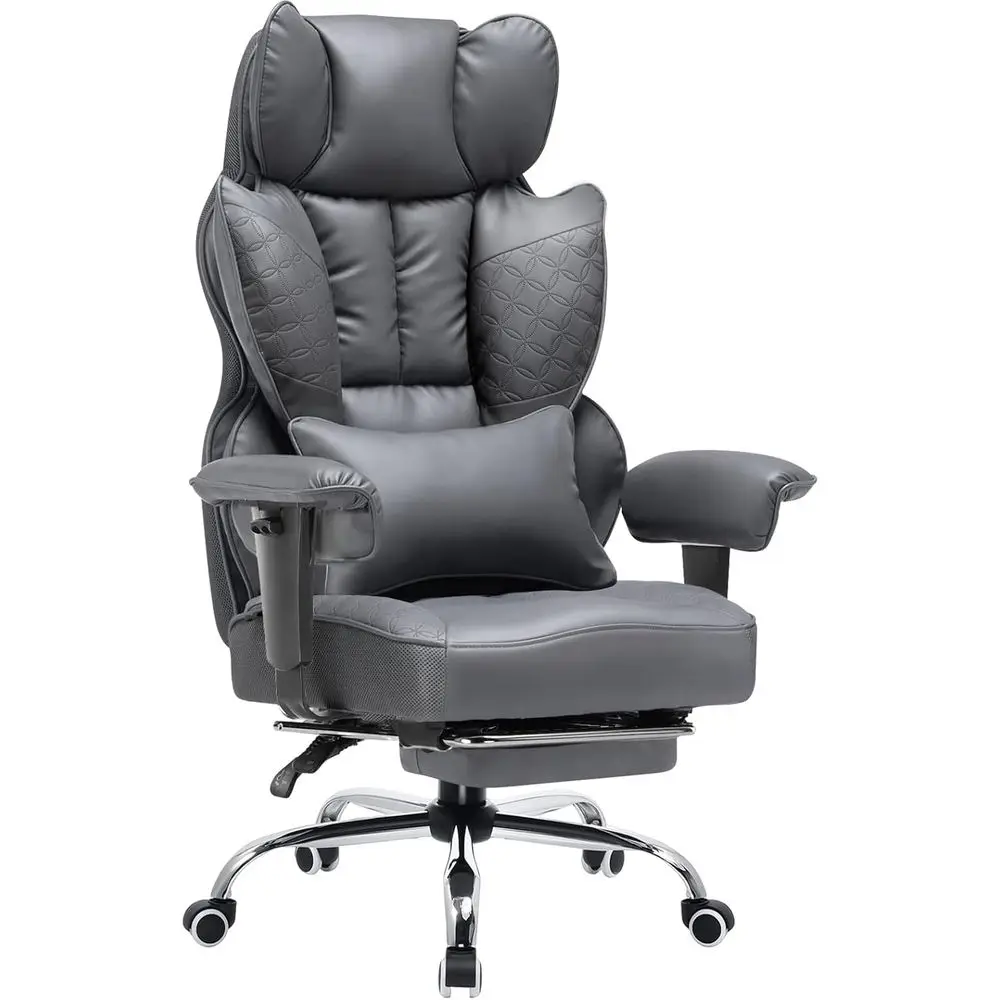 Ergonomic Heavy-Duty Wide Gaming Chair with Deluxe Leather, Footrest, 150° Recline, Adjustable Armrests, and Back Support Pillow