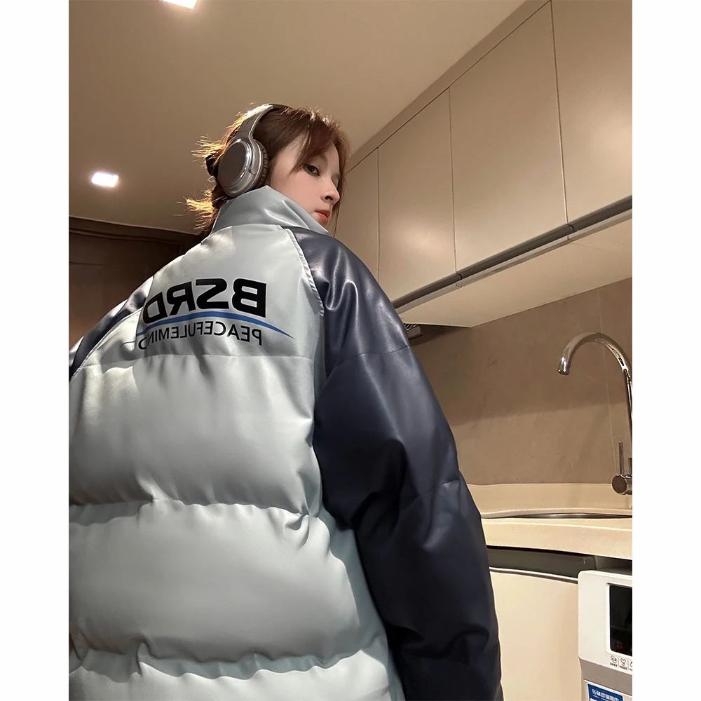 

American Sle Thiened PU Leather Cotton Jaet Stand Collar Bread Sle Trendy Vintage High Street Couple Outerwear Youth ...