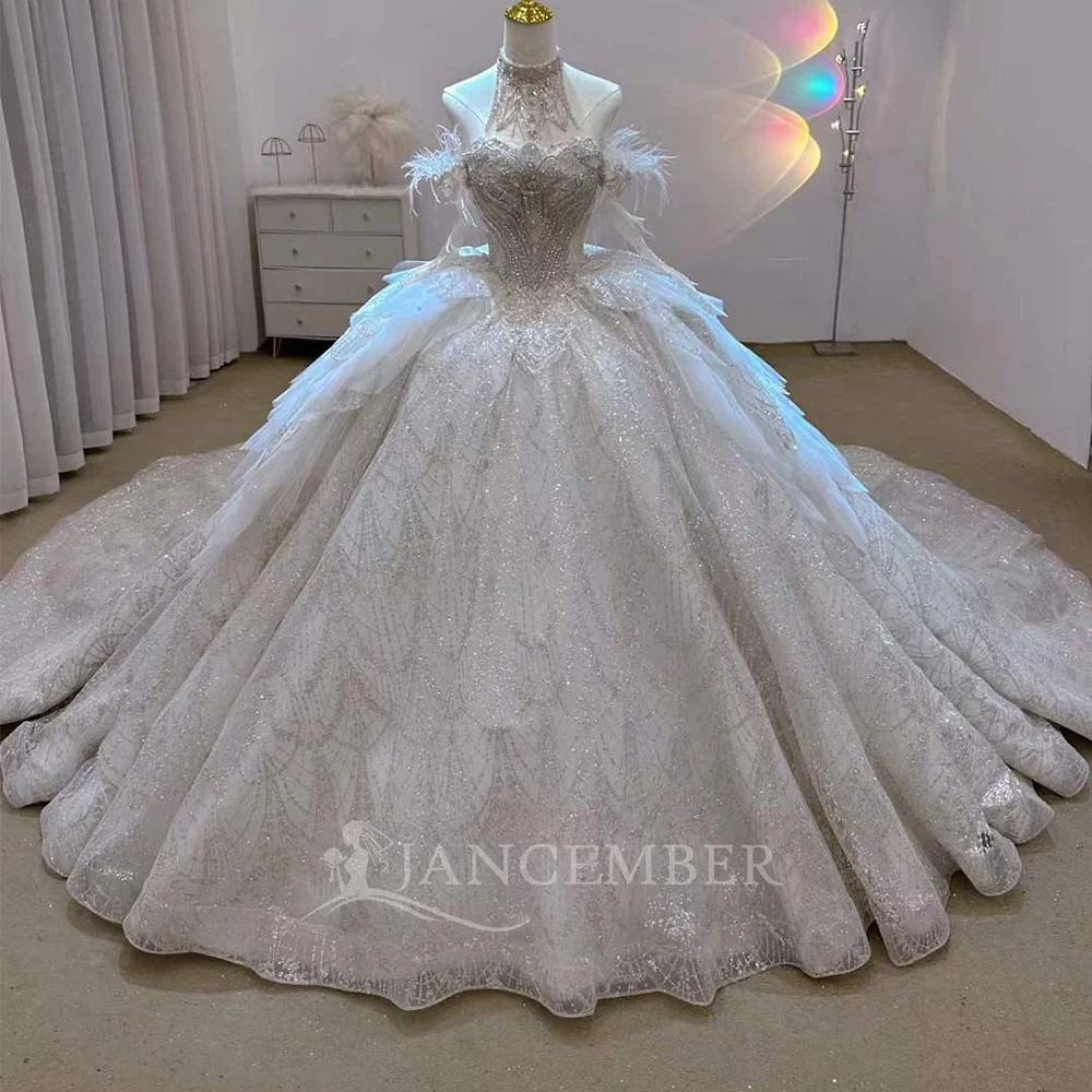 

Custom New Princess Lace Customzied Wedding Dress Sequined Long Sleeve Bridal Gown Dreamy Dresses Halter vestidos de novia boda