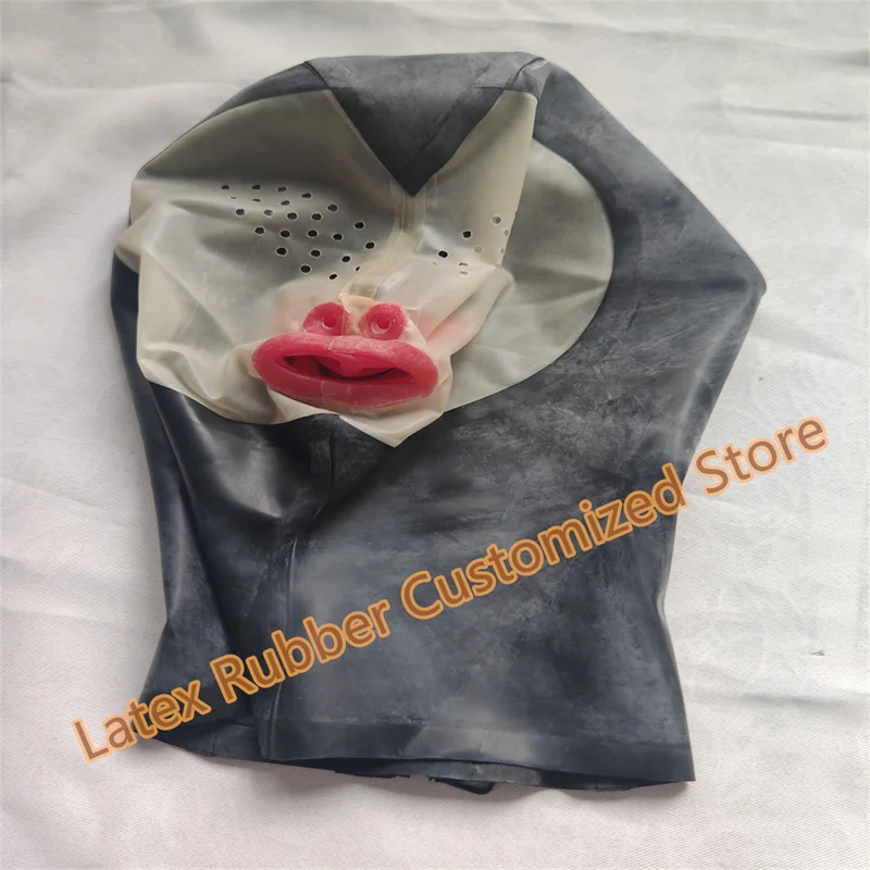 

Latex Mask Rubber Unisex Hood Black with Transparent Gag Nose Tube Rubber Fetish Mask Latex Headgear Sexy Cosplay Accessaries