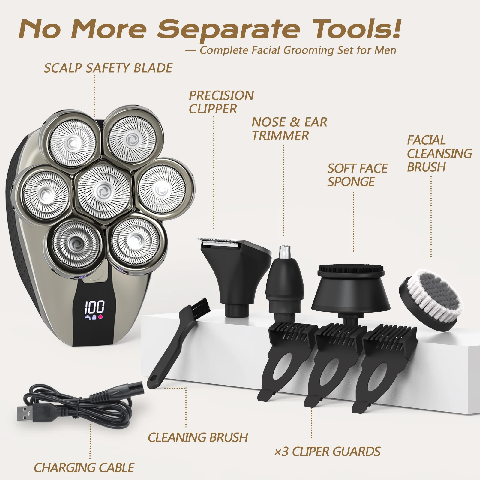 

Men 7D Floating Electric Shaver 5-IN-1 Wet Dry Beard Hair Trimmer LED Display Electric Razor Rechargeable Bald Head Shaving Gift