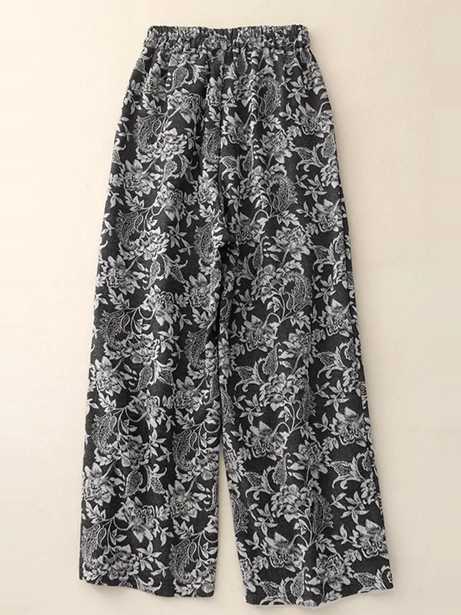 Pantalones de pierna recta de cintura alta, pantalones largos de pierna ancha bordados étnicos para mujer de talla grande, corte cómodo informal