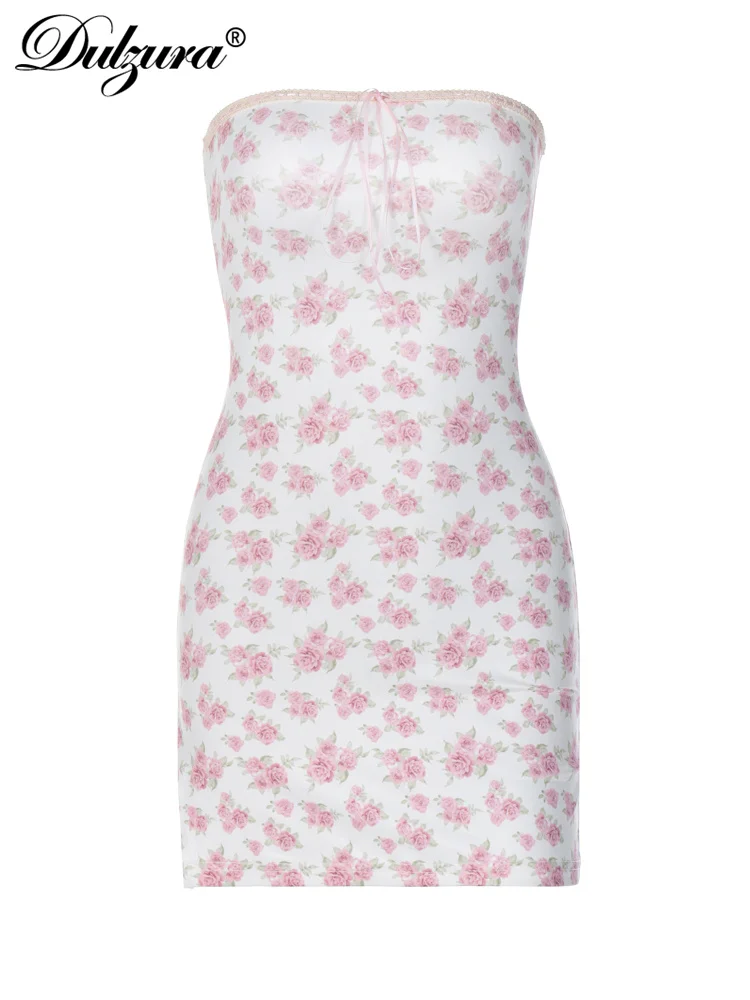 Dulzura 2023 Summer Floral Strapless Mini Dress Backless Lace Up Tube Top High Side Slit Bodycon Party Y2K Sexy Birthday