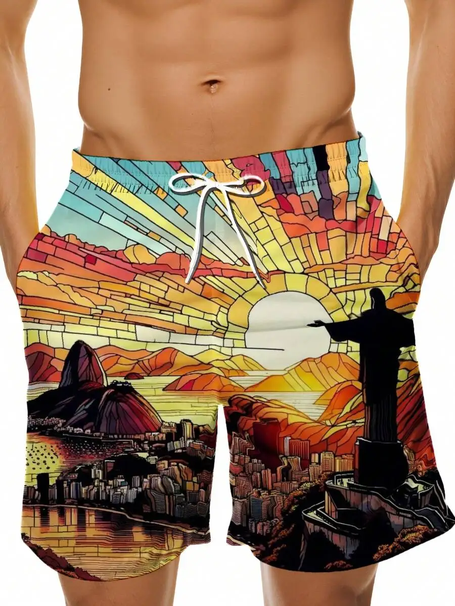 

Mens Rio De Janeiro Sunset Beach Shorts With Christ The Redeemer And Sugarloaf Mountain Print