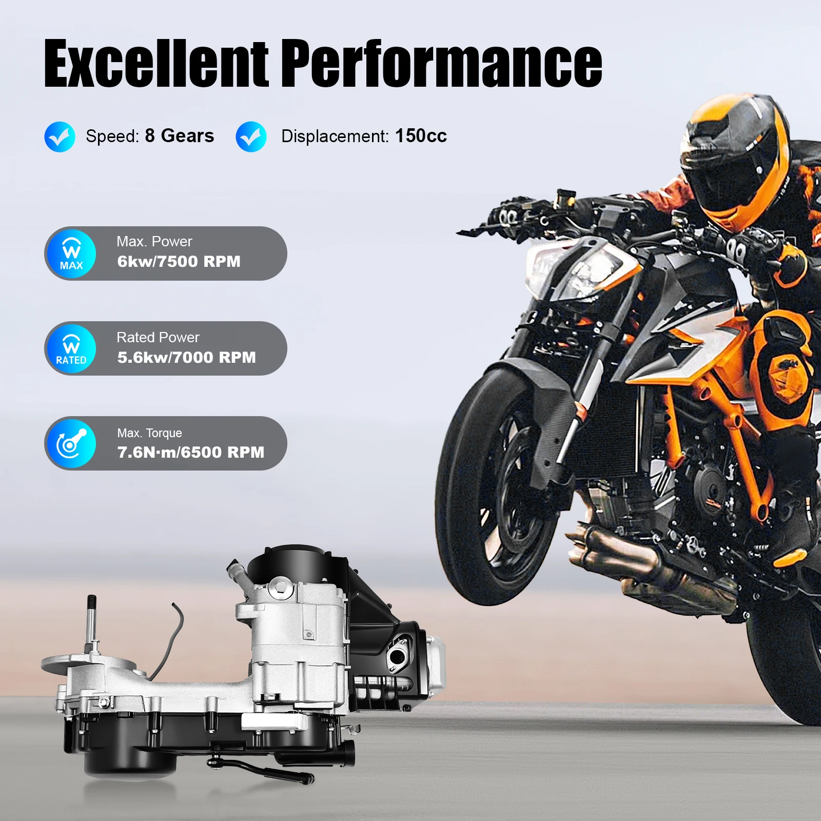 4-stroke 150CC CVT Engine Long Case Scooter Motor Kit 1400W Electric/Kick Start Engine for GY6 125CC-150CC Drive Vehicles