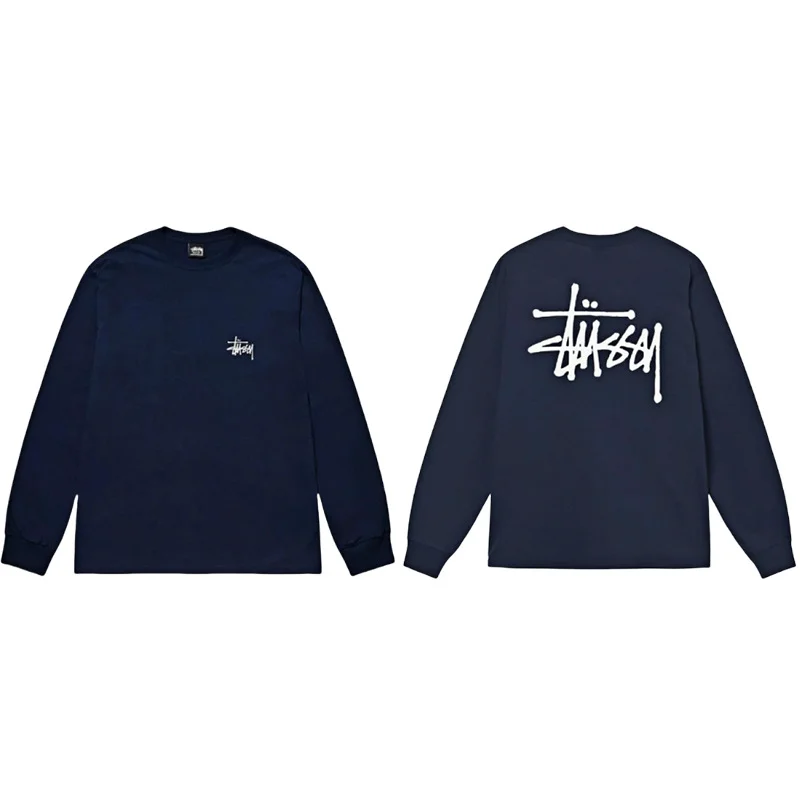 STUSSY 8 النمط الأمريكي الملمس المعدني طباعة جولة الرقبة البلوز الرجال الربيع الطبعة الثقيلة عالية الشارع ملابس خارجية فضفاضة
