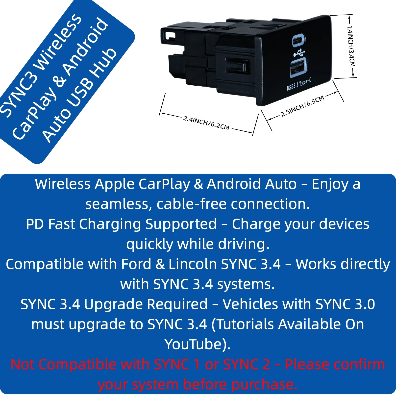 Lizpofly Android SYNC 3.4 Wireless CarPlay & Android Auto USB Hub for Lincoln and Ford Models
