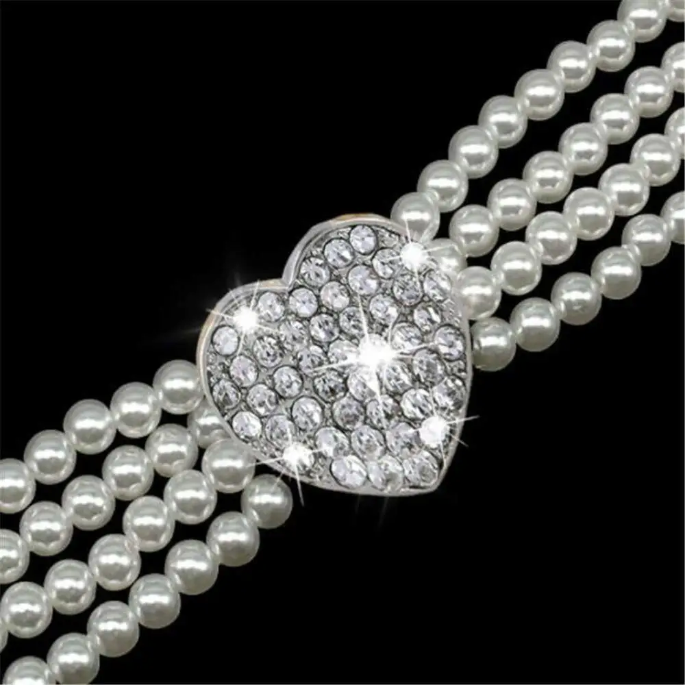 S/M/L 4 Rows Dog Cat Pearls Necklace Bling Rhinestone Heart Decor Collar Necklace Pet Puppy Jewelry Accessories