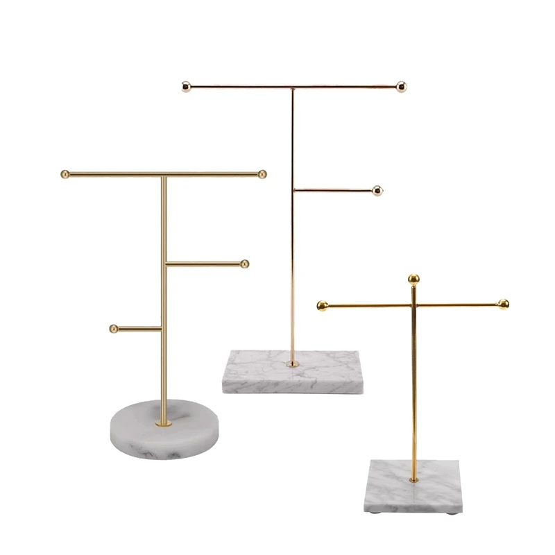 

3Pcs Gold Storage Rack With Marble Base Fashion Ins Modern Jewelry Display Ring Necklace Earrings Metal Rack