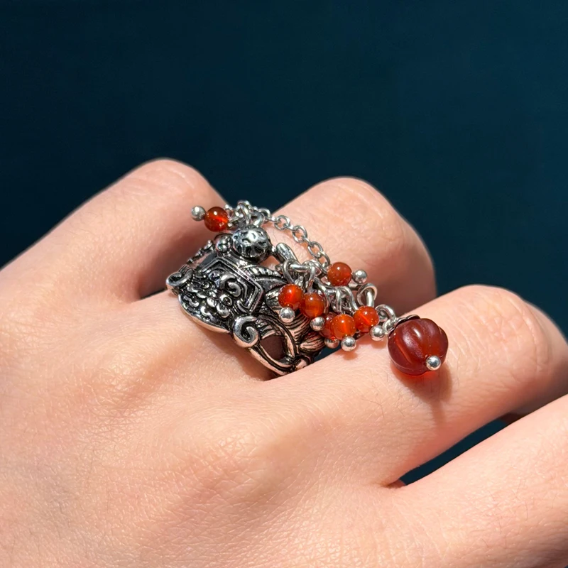 Vintage Silver Color Rhinestone Big Lion Head Red Rings Long Tassel Natural Stone Beads Chinese Style Women Charm Festival Gifts