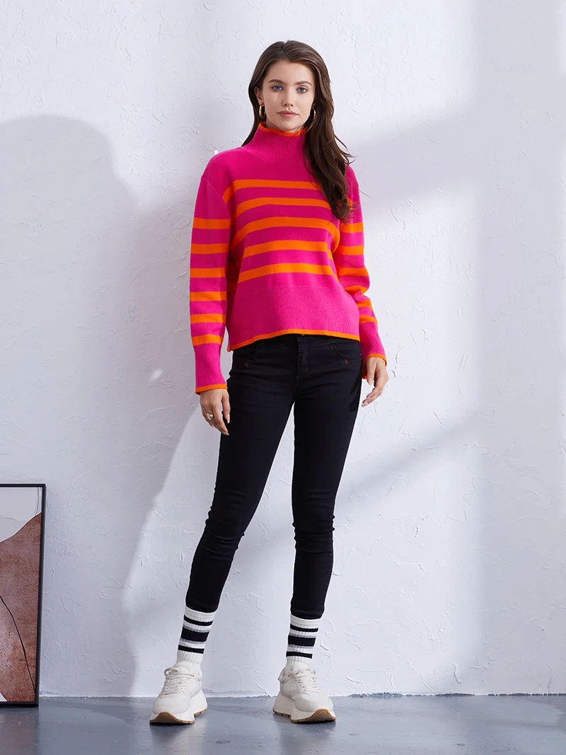 Cozy High Neck Thick Knit Sweater Woman Winter Turtleneck Long Sleeve Sweater Oversized Black Striped Knitted Sweater For Women