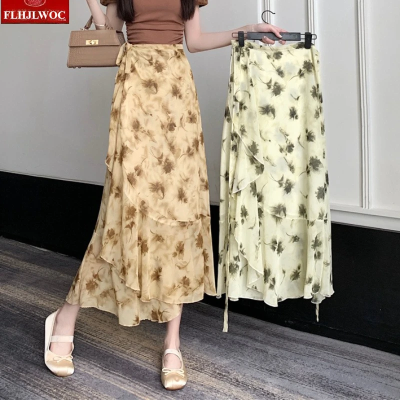 Y2K Wrap-Up One-Piece Skirts FLHJLWOC Women's Holiday Bohemian Style Vacation Beach Bodycon Lace-Up Ruffle Floral Chiffon Skirt