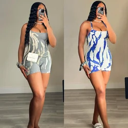 Ribbed Cami Romper Bodycon Striped Print One Piece Short Jumpsuit Casual Woman Rompers 2024