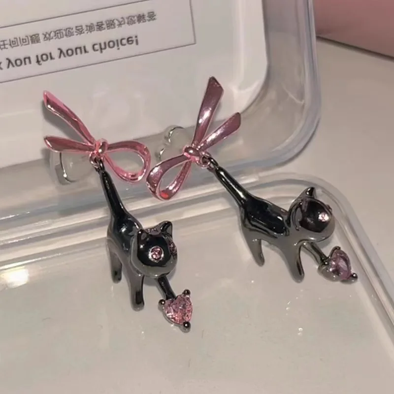 New Cute Kitten Necklace For Women Fashion Ins Personality Sweet Black Cat Pink Bow Earrings Party Jewelry Gift