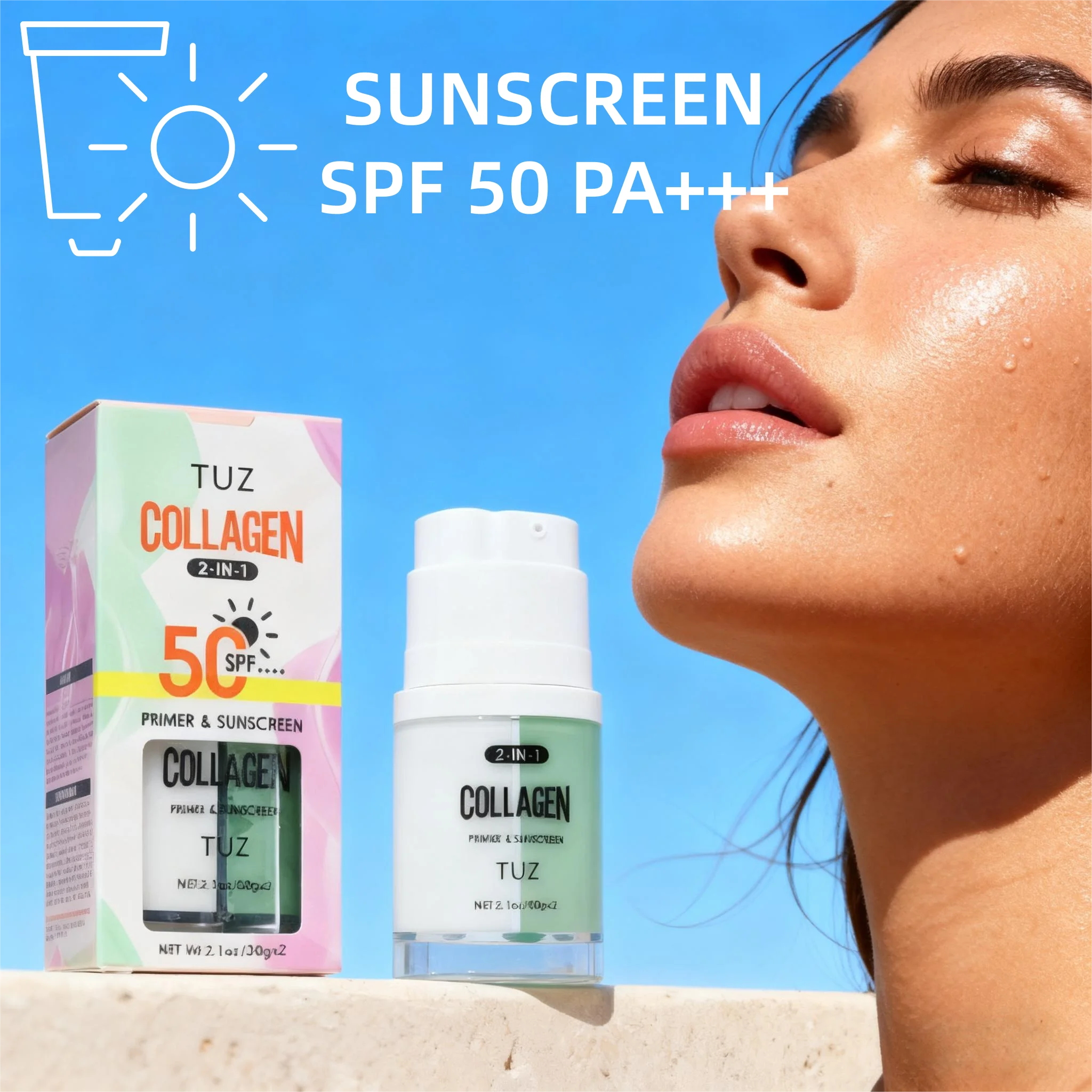 Apprêt et crème solaire 2 en 1 au collagène Spf 50, apprêt pour le visage à double chambre avec protection solaire au collagène et base de maquillage pour une peau impeccable
