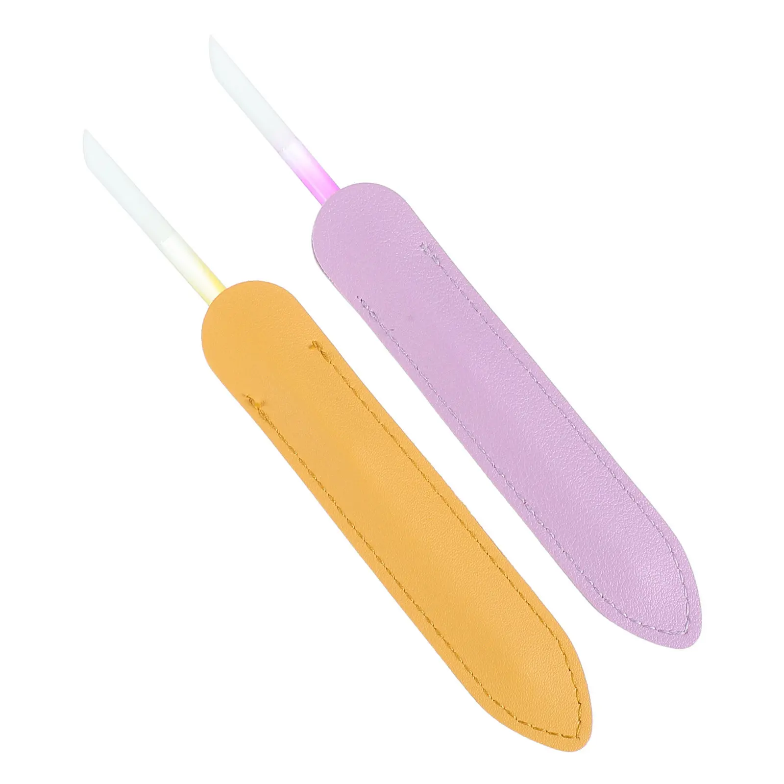 2Pcs Cylindrical Glass Nail Files Nano Crystal Gradient Purple Yellow Double Sided Cuticle Pusher Nail Refinement Tool PU Sleeve