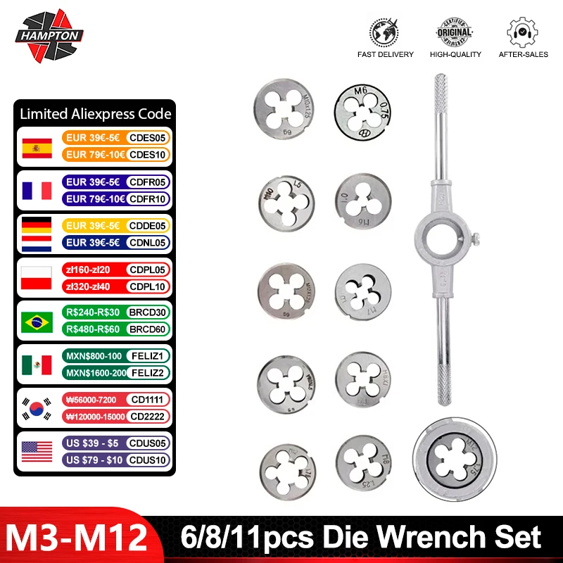 Hampton 6pcs/8pcs/11pcs Thread Die Wrench Set M3 M4 M5 M6 M7 M8 M10 M12 Metric Screw Die Adjustable Hand Tools Plug Taps