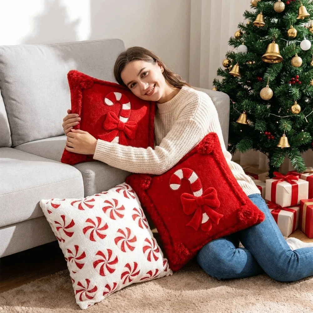 Holiday Plush Christmas Pillow Cover Durable Soft Comfortable Cushion Cover 18X18 Inches Polyester Pillowcase Home Decoration