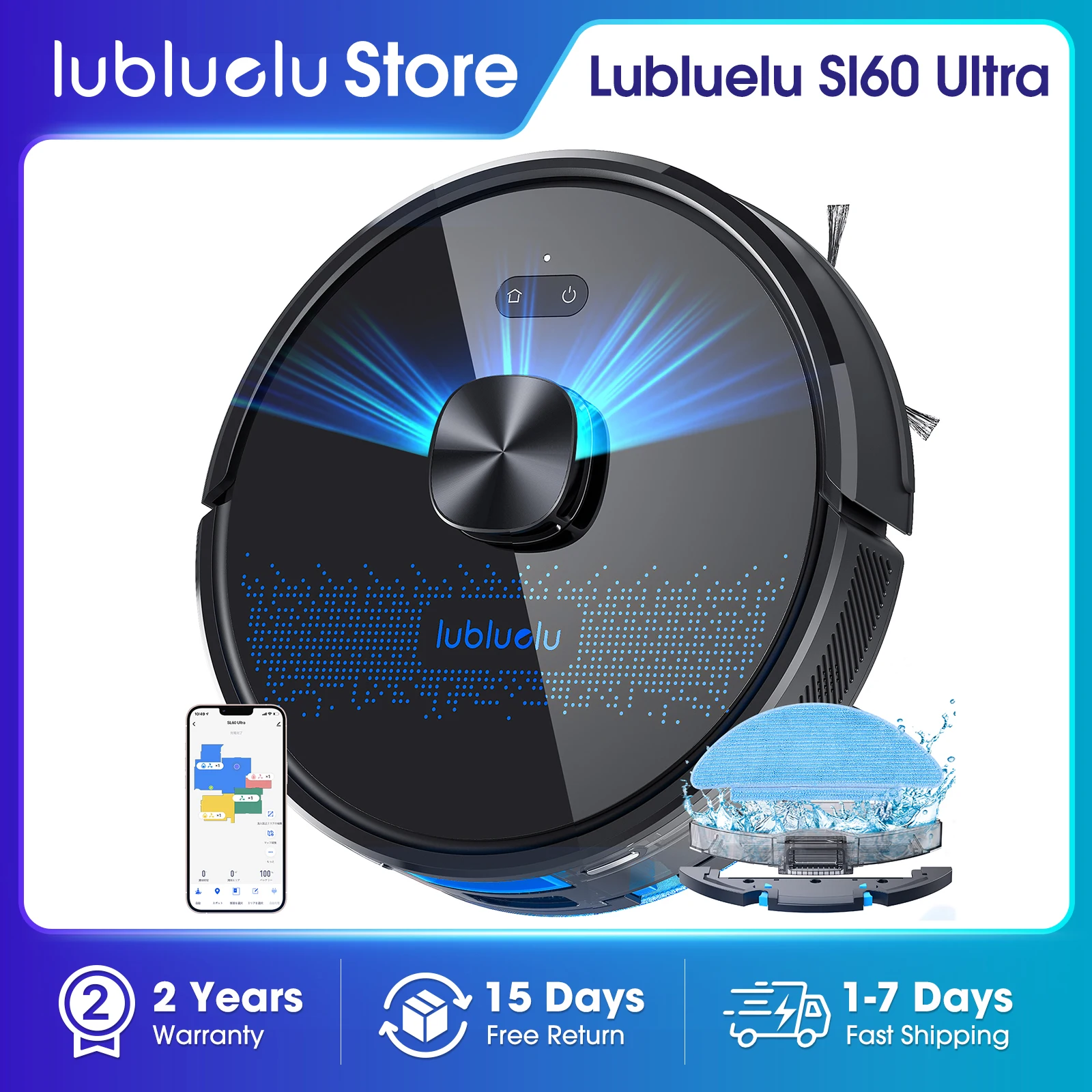 Lubluelu SL60ultra Robot aspirateur 3 en 1, forte aspiration 5000Pa, pour animaux de compagnie/cheveux longs, LDS9.0 LiDAR Navigation 150 minutes Runtim