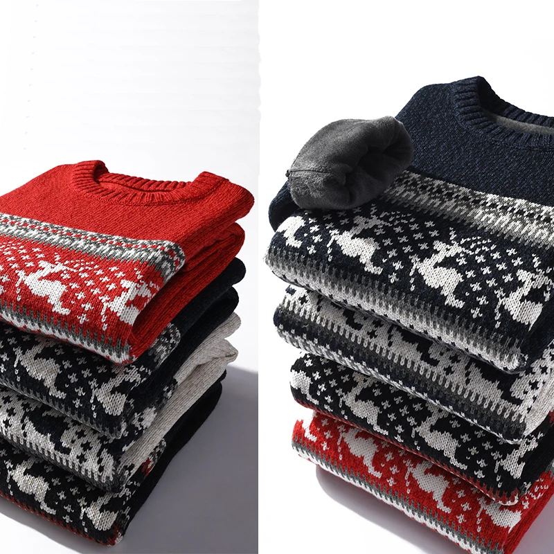 Winter Jacquard deer christmas Knitted Sweater Men Sweater Male Clothing  Thick Fleece  Wool Men's Jumpers Pullover  Coats