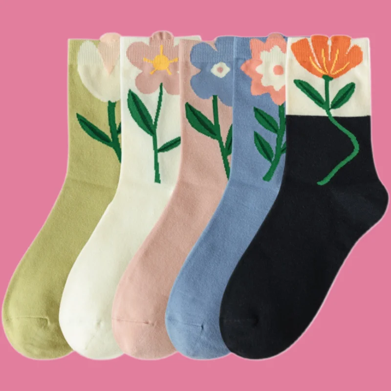 5 Paar Mode Sokken Hoge Qualitytulp Bloem Sokken Voor Dames Mid-Calf Sokken Comfortabel En Ademend Mid-Calf 2024 Nieuwe Sokken