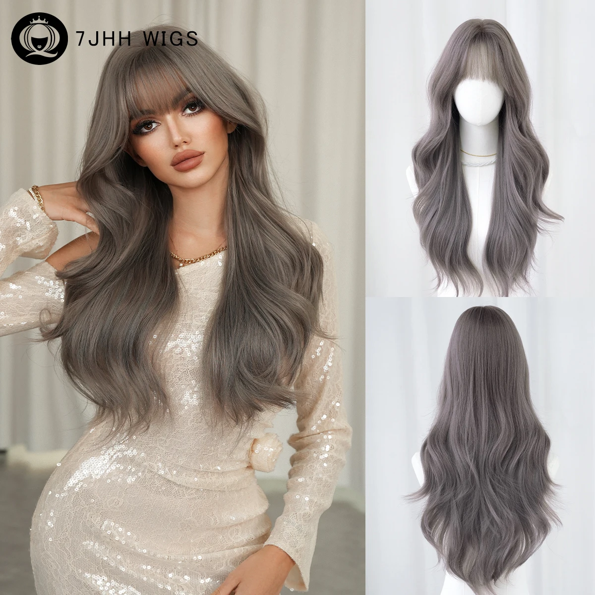 

Long Body Wave Ash Purple Wig for Women Synthetic Heat-Resistant Modest Fashion Wear and Go Light Purple Wigs with Neat Bangs