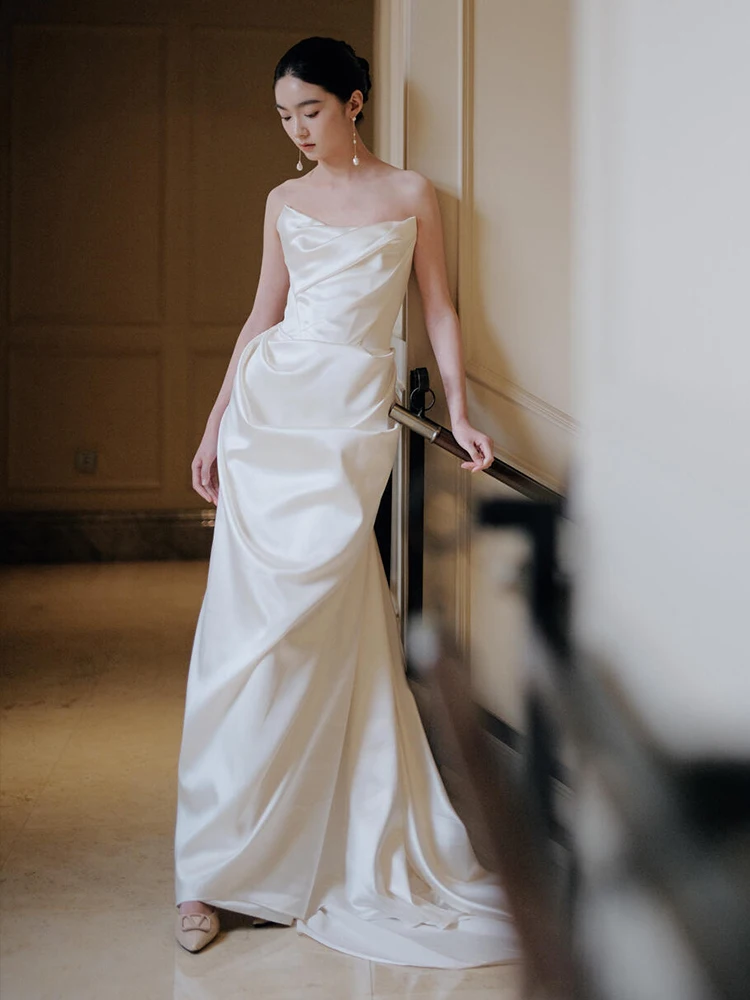 

Ele Simple Bridal Gown with Train Satin Strapl Long Dr for Wedding out Door Soft Satin Fabric No Sve Floor Length